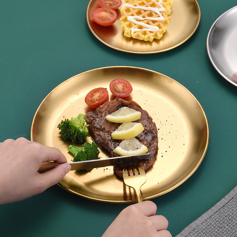 Korean Style Stainless Steel Plate Disc Barbecue Plate Cake Plate Western Cuisine Plate Bone Dish Dish Brushed Gold Plated Color Palette Thickened