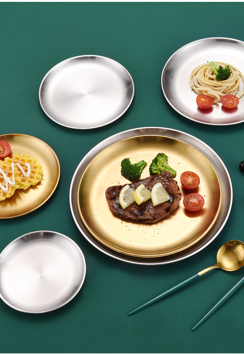 Korean Style Stainless Steel Plate Disc Barbecue Plate Cake Plate Western Cuisine Plate Bone Dish Dish Brushed Gold Plated Color Palette Thickened Korean Style Stainless Steel Plate Disc Barbecue Plate Cake Plate Western Cuisine Plate Bone Dish Dish Brushed Gold Plated Color Palette Thickened