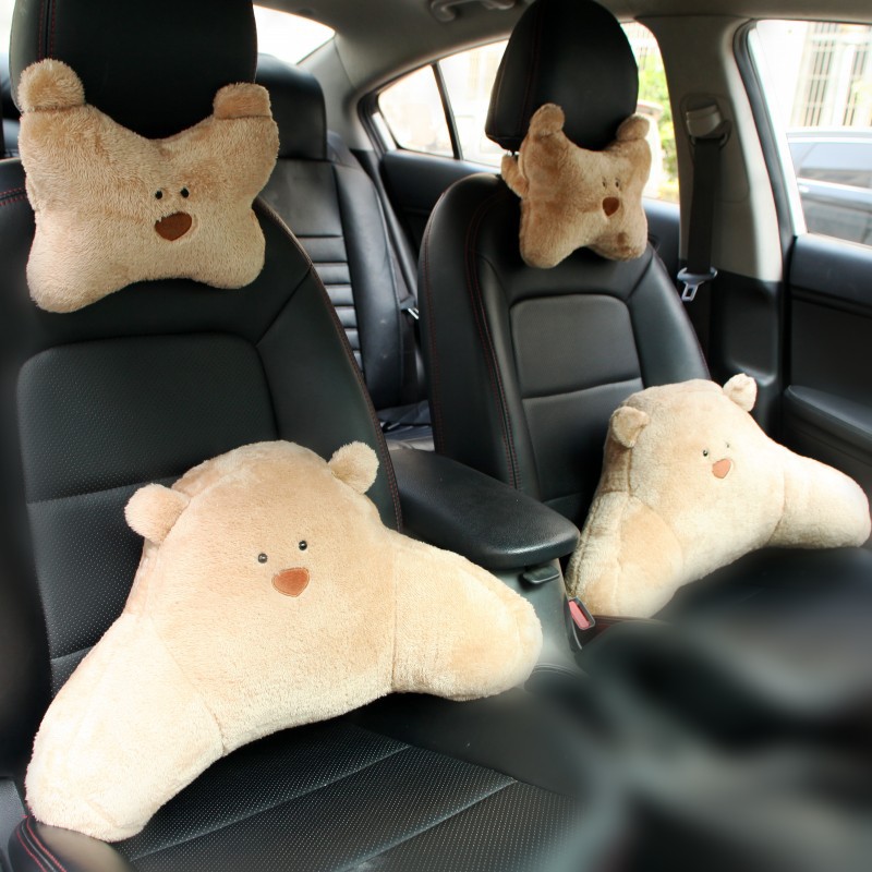 Automotive Headrest Car Neck Pillow Female Creative Cartoon Cute Plush Pillow Car Seat Bear Back Cushion Throw Pillow