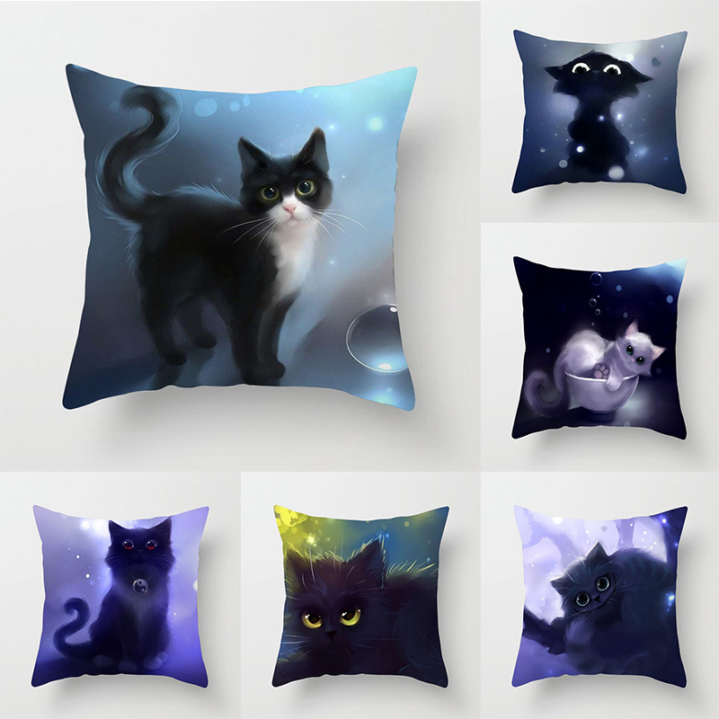Exclusive for Cross-Border Amazon Hot Pillowcase Cat Pattern Back Seat Cushion Couch Pillow Peach Skin Fabric Pillow Cover