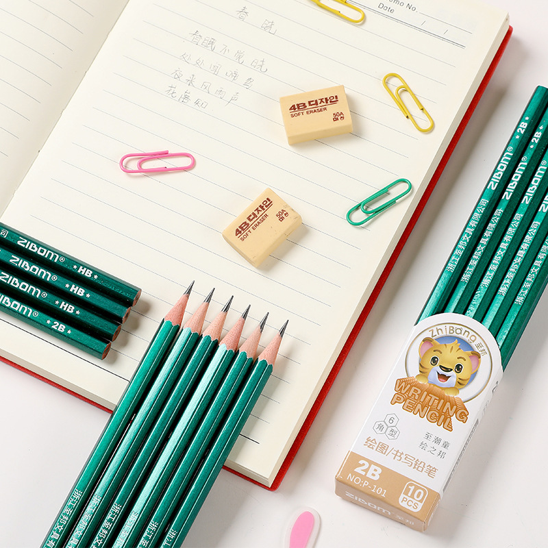 Zhibang 101hb Writing 2B Drawing Exam Recommended Coated Pencil Children Hexagonal Wooden Green Pencil