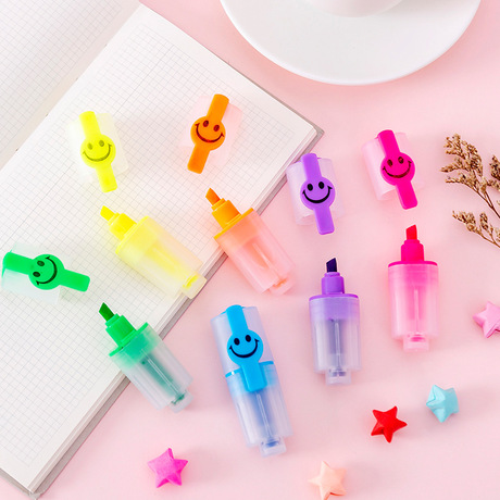 Creative smiley face highlighter 6 small mini color diagonal pen students highlight marker pen