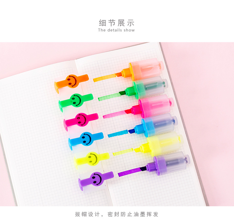 Creative smiley face highlighter 6 small mini color diagonal pen students highlight marker pen