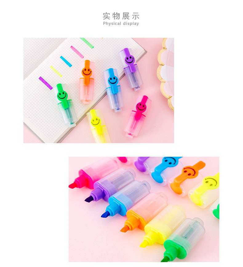 Creative smiley face highlighter 6 small mini color diagonal pen students highlight marker pen