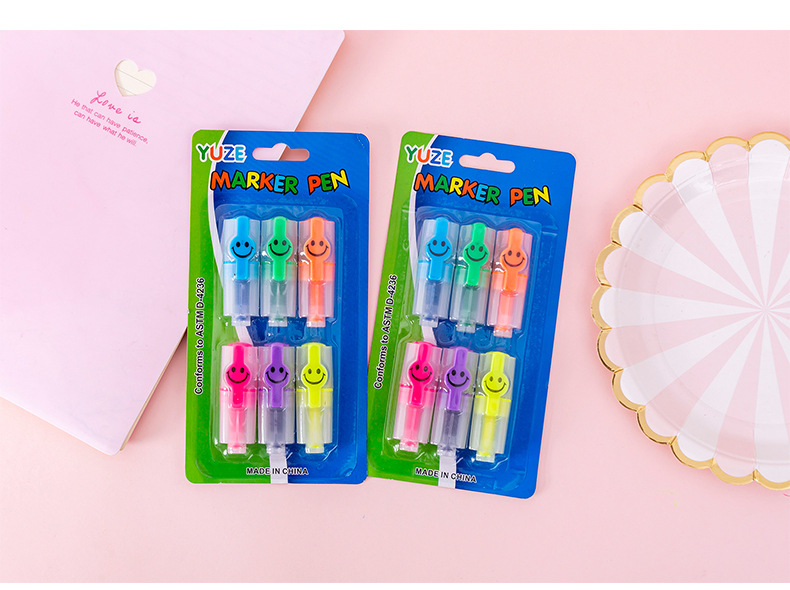 Creative smiley face highlighter 6 small mini color diagonal pen students highlight marker pen
