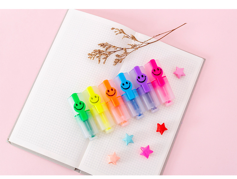 Creative smiley face highlighter 6 small mini color diagonal pen students highlight marker pen