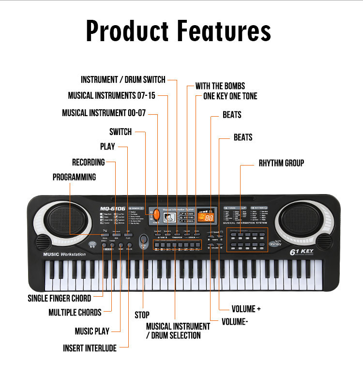 Children's Electronic Keyboard Musical Instrument 61 Key Multi-Function with Microphone Studio Educational Toy Gift Piano with Power Supply Children's Electronic Keyboard Musical Instrument 61 Key Multi-Function with Microphone Studio Educational Toy Gift Piano with Power Supply