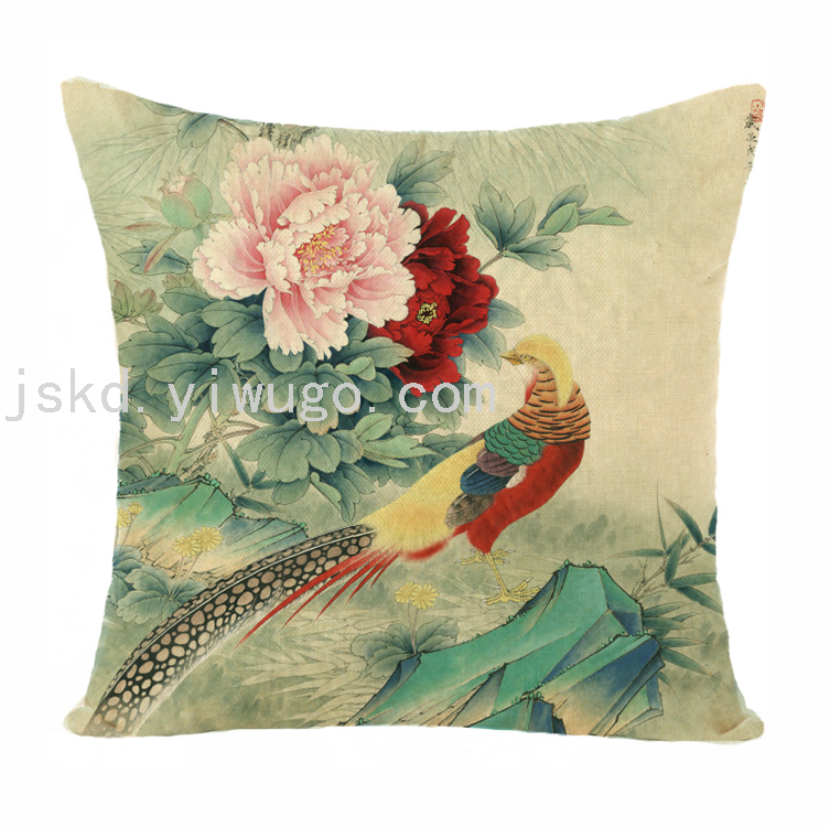Chinese Flower Digital Printed Pillowcase Sofa Office Chair Backrest Bedroom Bedside Cushion Back Seat Cushion