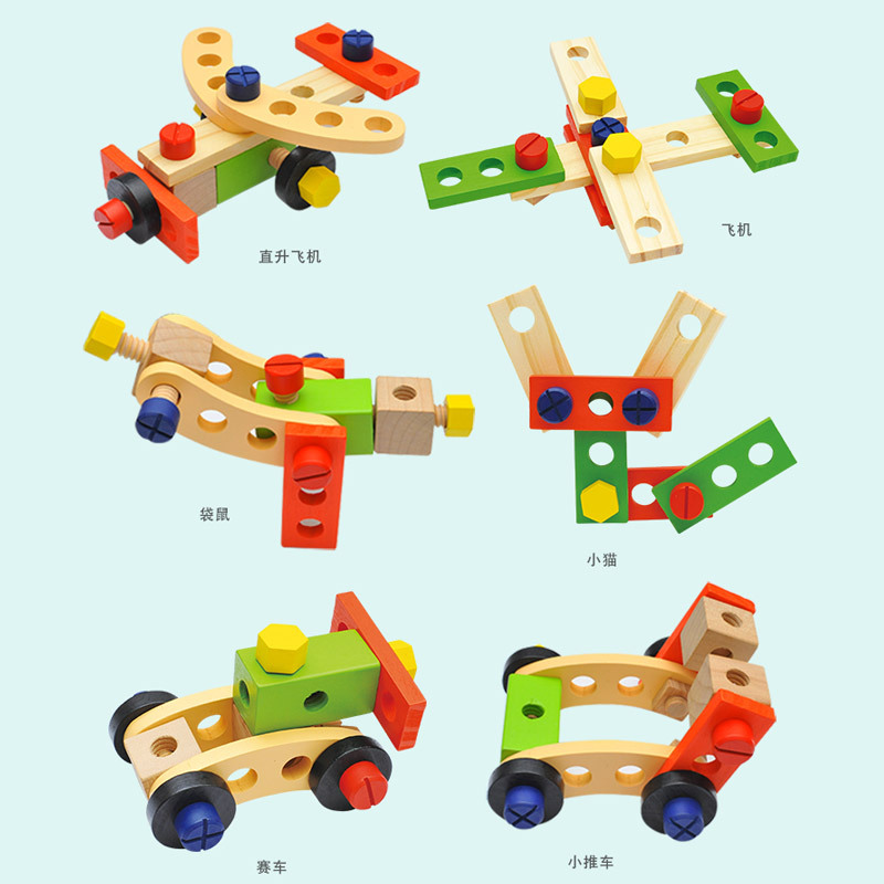 Children&#039;s Cartoon Wooden Maintenance Toolbox Puzzle Simulation Assembly Disassembly Screw Nut Combination Boys and Girls