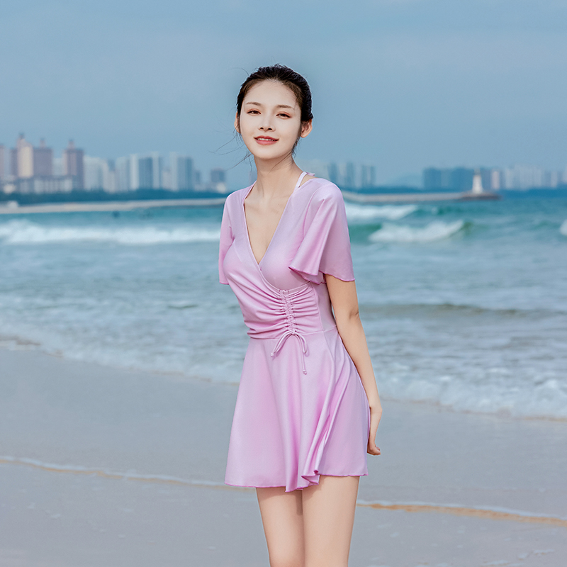 Women&#039;s Swimsuit Dress Style 2021 New Korean Conservative Hot Spring Covering Belly Thin Steel Support Small Chest Gather Swimwear