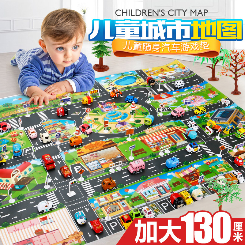 The Children &#039;s play mat over the house, traffic road sign car model parking scene map
