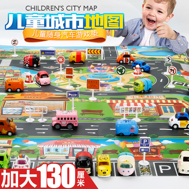 The Children &#039;s play mat over the house, traffic road sign car model parking scene map