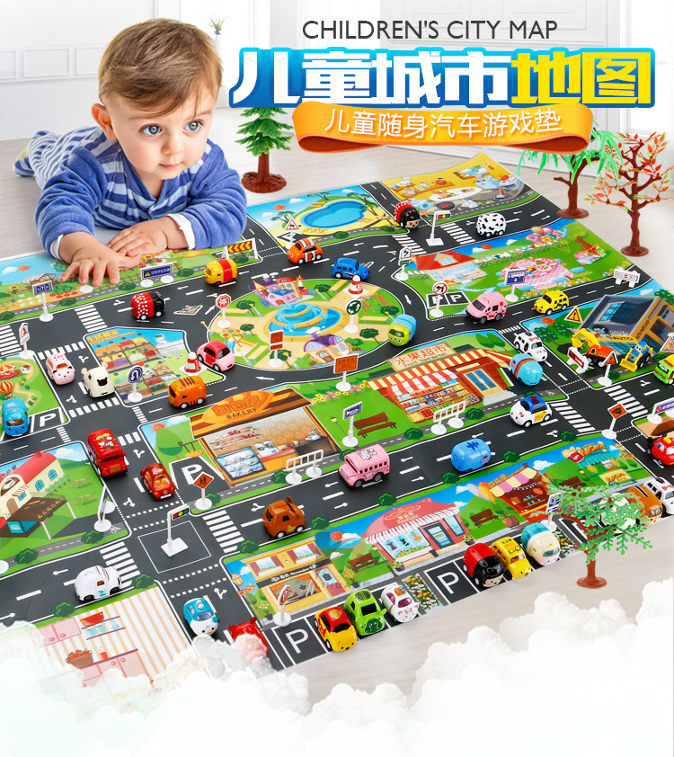 The Children 's play mat over the house, traffic road sign car model parking scene map