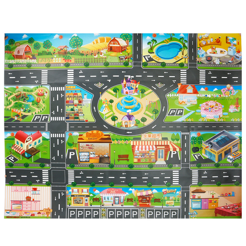 The Children 's play mat over the house, traffic road sign car model parking scene map