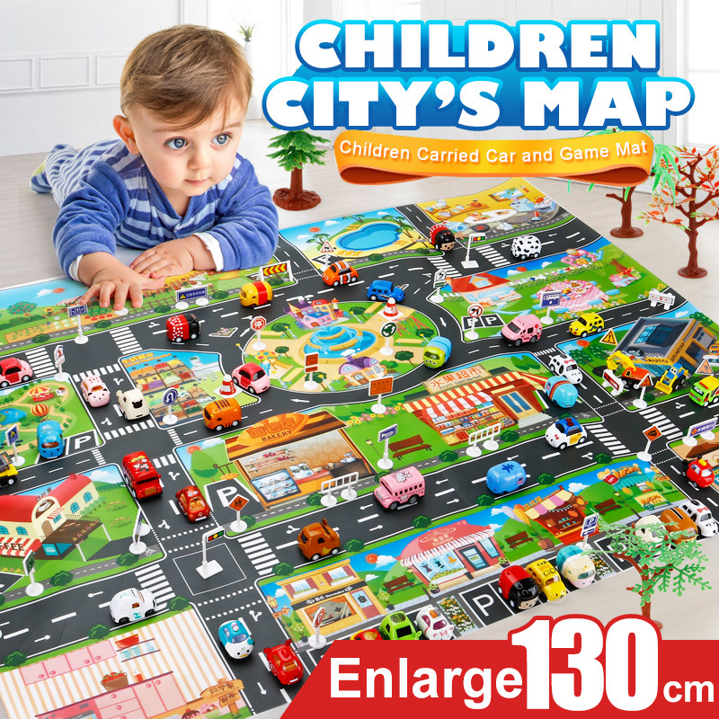 The Children 's play mat over the house, traffic road sign car model parking scene map