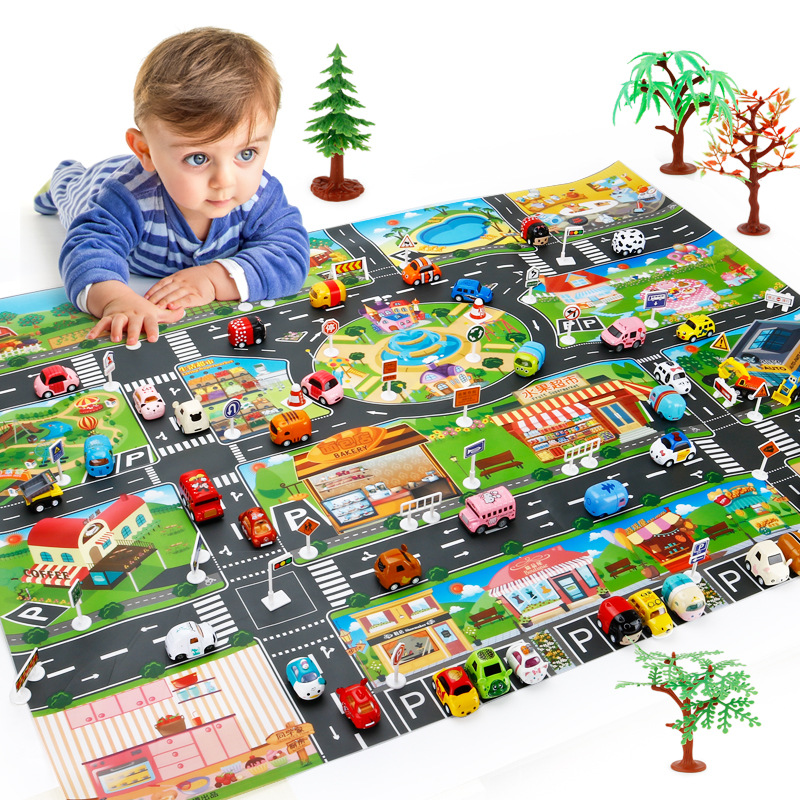The Children 's play mat over the house, traffic road sign car model parking scene map