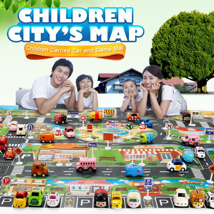 The Children 's play mat over the house, traffic road sign car model parking scene map