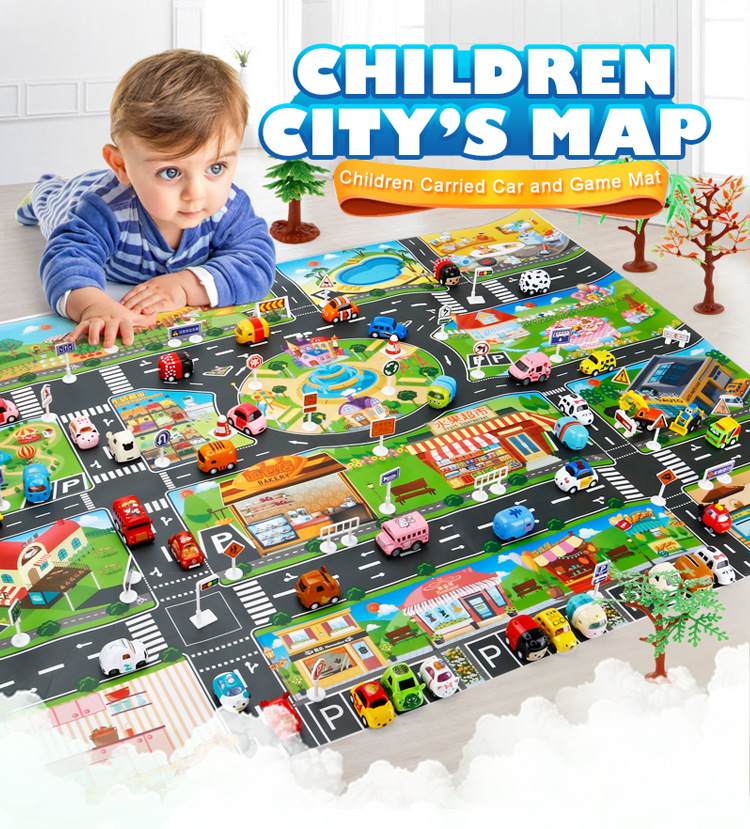 The Children 's play mat over the house, traffic road sign car model parking scene map