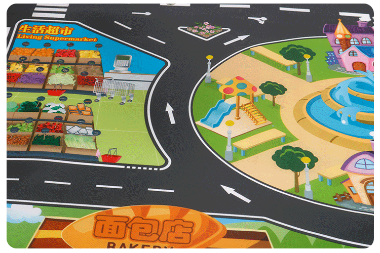 The Children 's play mat over the house, traffic road sign car model parking scene map