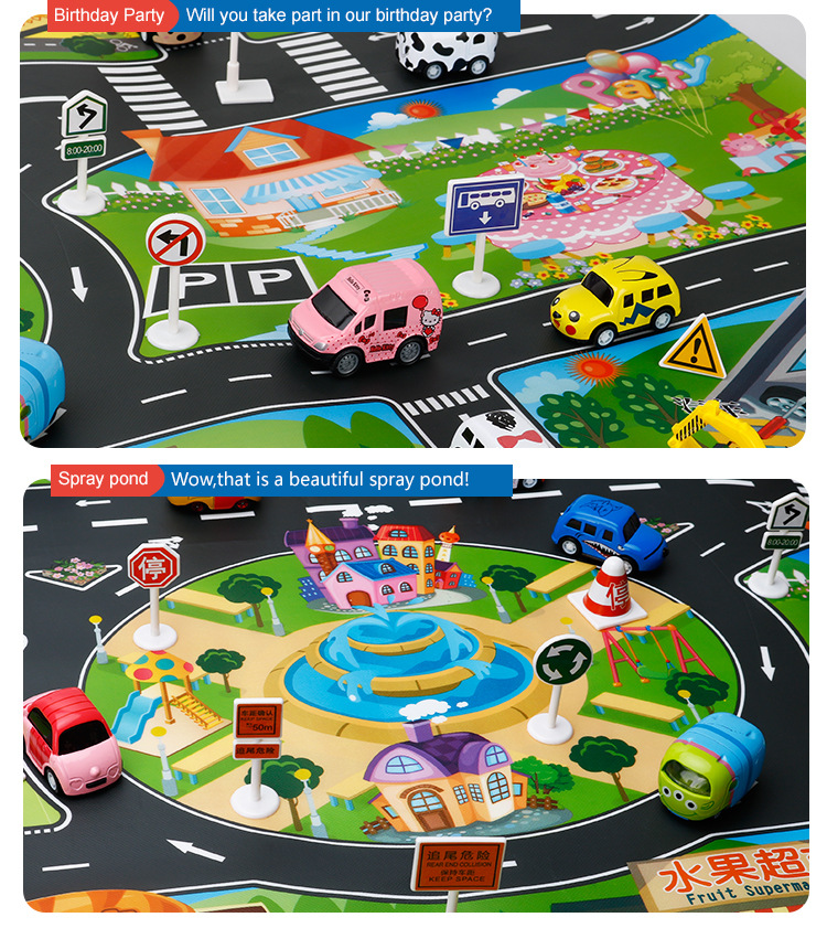 The Children 's play mat over the house, traffic road sign car model parking scene map