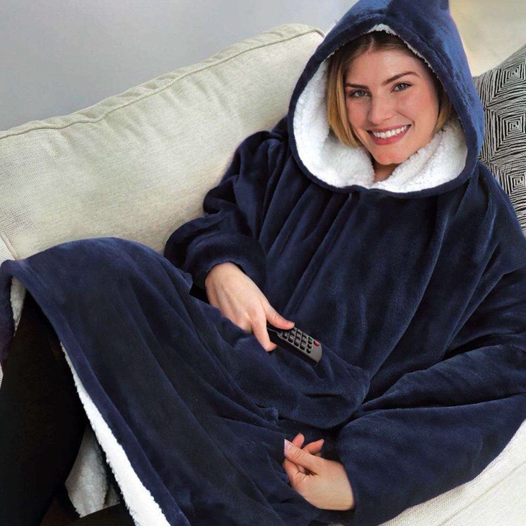 Thickened TV Lazy Blanket Lazy Pajamas Cold-Proof Clothes Hooded Nightgown Outdoor Solid Color Thermal Clothes Fleece-Lined TV Blanket