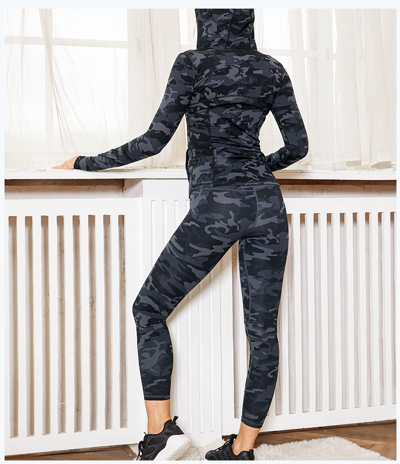 Europe and America Cross Border Foreign Trade Women's Camouflage Printed Hooded Jacket Sports Outdoor Yoga Clothes Fitness Clothes Set Three-Piece Set