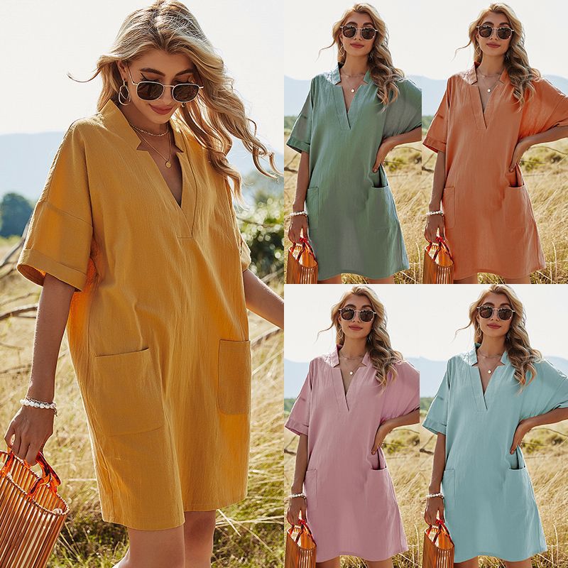 2021 New Cross-Border European and American Women&#039;s Clothing Solid Color and V-neck Fork Waist A- line Skirt Bag Casual Loose Short Sleeves Dress for Women