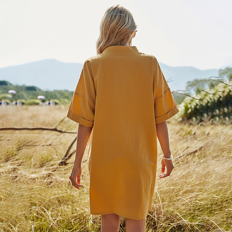 2021 New Cross-Border European and American Women&#039;s Clothing Solid Color and V-neck Fork Waist A- line Skirt Bag Casual Loose Short Sleeves Dress for Women
