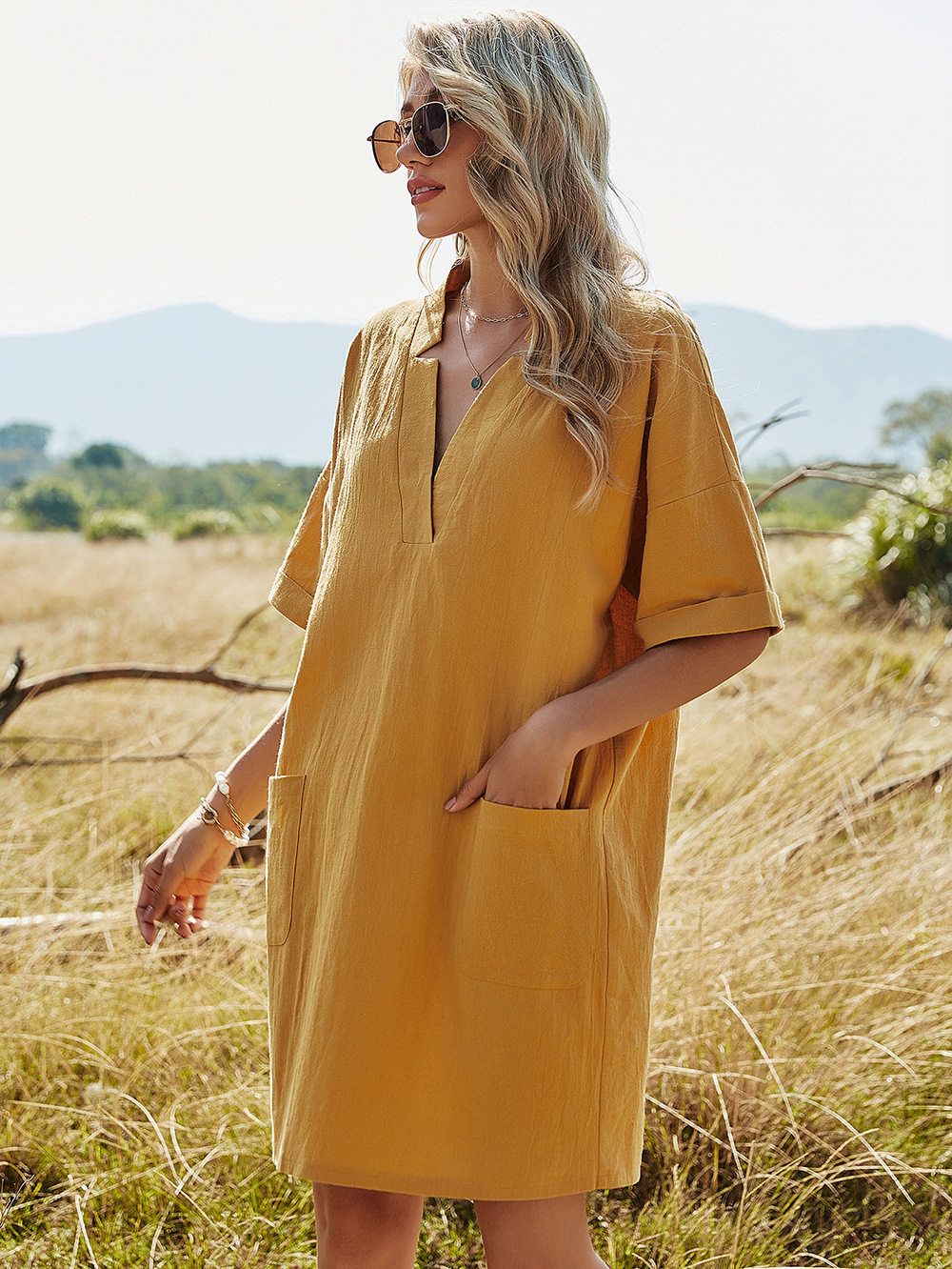 2021 New Cross-Border European and American Women's Clothing Solid Color and V-neck Fork Waist A- line Skirt Bag Casual Loose Short Sleeves Dress for Women 2021 New Cross-Border European and American Women's Clothing Solid Color and V-neck Fork Waist A- line Skirt Bag Casual Loose Short Sleeves Dress for Women