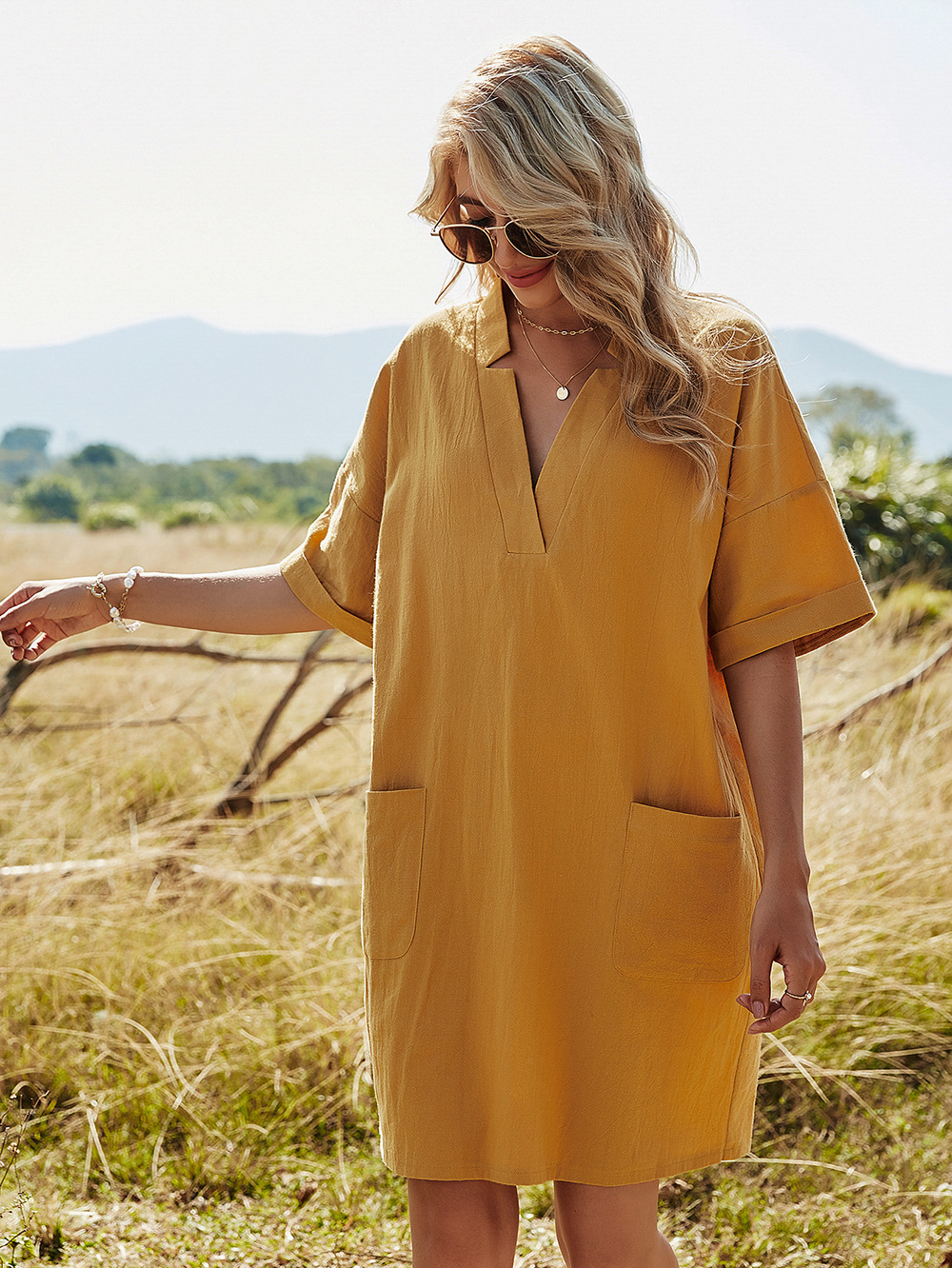 2021 New Cross-Border European and American Women's Clothing Solid Color and V-neck Fork Waist A- line Skirt Bag Casual Loose Short Sleeves Dress for Women 2021 New Cross-Border European and American Women's Clothing Solid Color and V-neck Fork Waist A- line Skirt Bag Casual Loose Short Sleeves Dress for Women