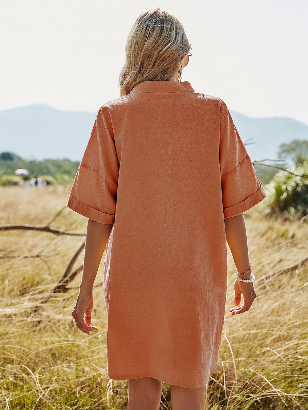 2021 New Cross-Border European and American Women's Clothing Solid Color and V-neck Fork Waist A- line Skirt Bag Casual Loose Short Sleeves Dress for Women 2021 New Cross-Border European and American Women's Clothing Solid Color and V-neck Fork Waist A- line Skirt Bag Casual Loose Short Sleeves Dress for Women