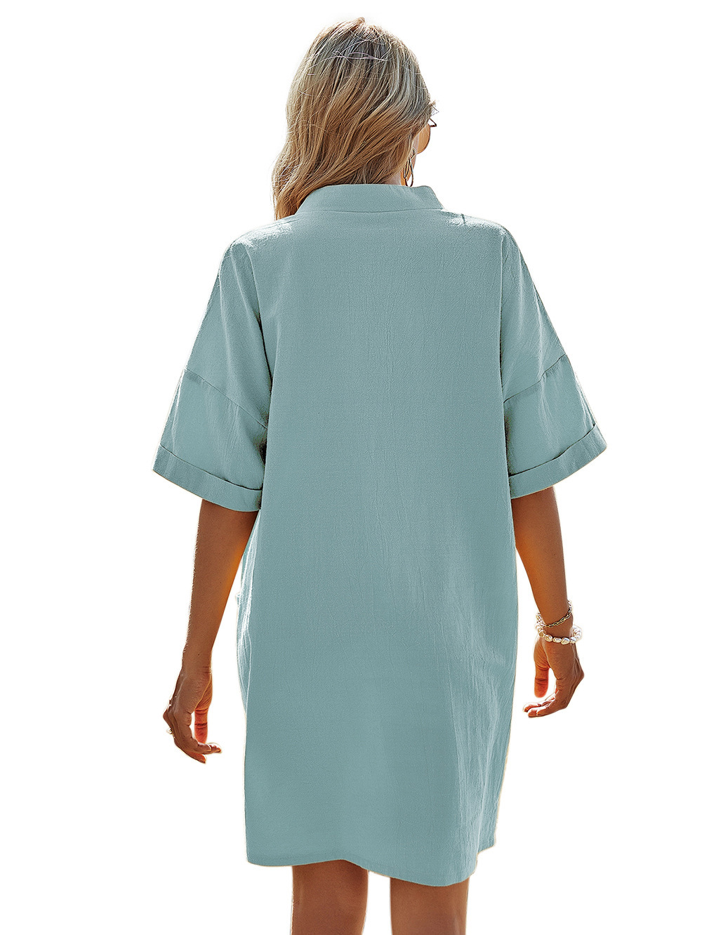 2021 New Cross-Border European and American Women's Clothing Solid Color and V-neck Fork Waist A- line Skirt Bag Casual Loose Short Sleeves Dress for Women 2021 New Cross-Border European and American Women's Clothing Solid Color and V-neck Fork Waist A- line Skirt Bag Casual Loose Short Sleeves Dress for Women