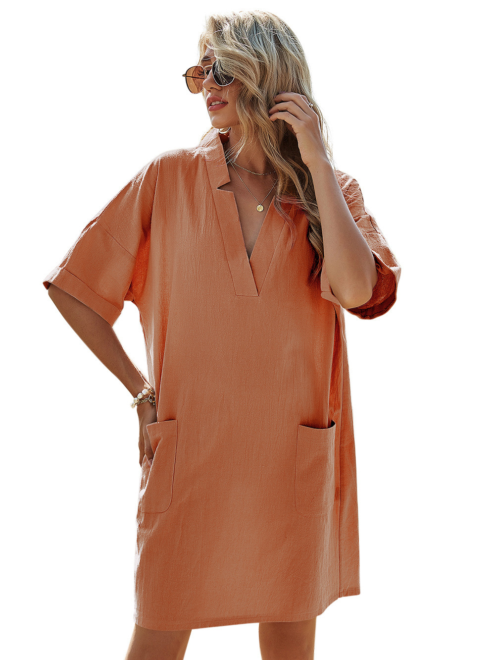 2021 New Cross-Border European and American Women's Clothing Solid Color and V-neck Fork Waist A- line Skirt Bag Casual Loose Short Sleeves Dress for Women 2021 New Cross-Border European and American Women's Clothing Solid Color and V-neck Fork Waist A- line Skirt Bag Casual Loose Short Sleeves Dress for Women