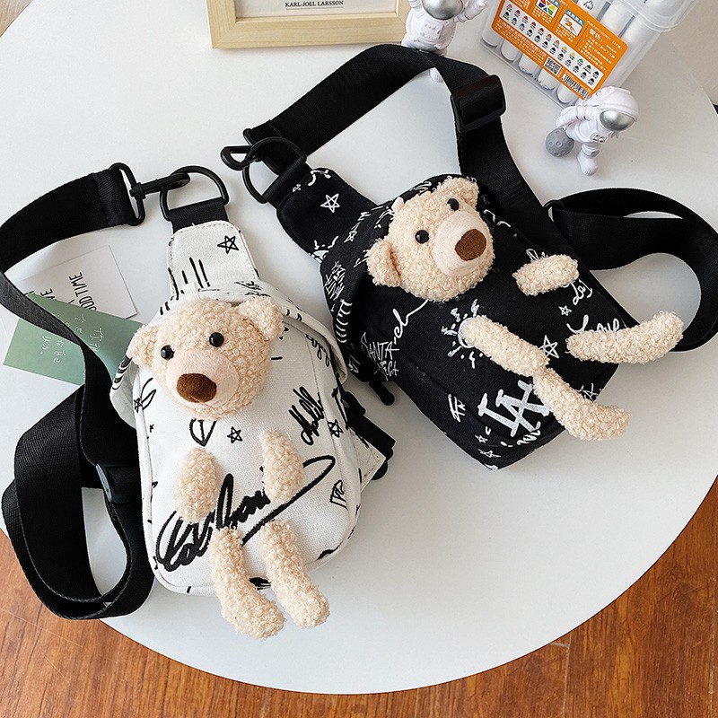 Canvas Bag Women&#039;s Japanese Canvas Women&#039;s Messenger Bag New Little Bear Canvas Waist Bag Women&#039;s Fashionable Ins Sports Style Chest Bag