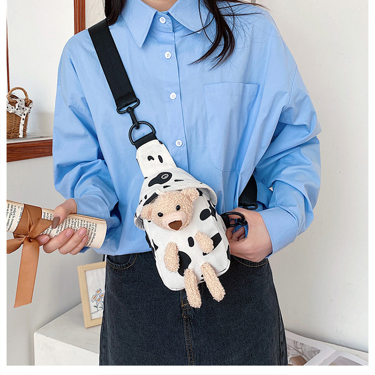 Canvas Bag Women's Japanese Canvas Women's Messenger Bag New Little Bear Canvas Waist Bag Women's Fashionable Ins Sports Style Chest Bag
