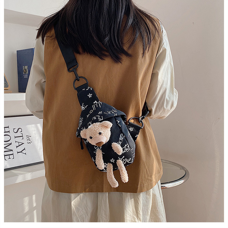 Canvas Bag Women's Japanese Canvas Women's Messenger Bag New Little Bear Canvas Waist Bag Women's Fashionable Ins Sports Style Chest Bag
