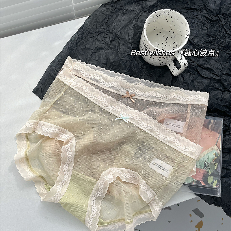 Chen Zhiyou Fairy Mesh Polka Dot Lace Edge Transparent Mid-Low Waist Briefs Hip Bag Cotton Crotch Panties Girly Underpants Chen Zhiyou Fairy Mesh Polka Dot Lace Edge Transparent Mid-Low Waist Briefs Hip Bag Cotton Crotch Panties Girly Underpants