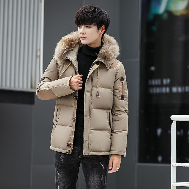 Outdoor down Jacket Men&#039;s Short Thickened White Duck down Fur Collar Hood Youth Student Winter Coat Thermal Cold-Proof Clothing