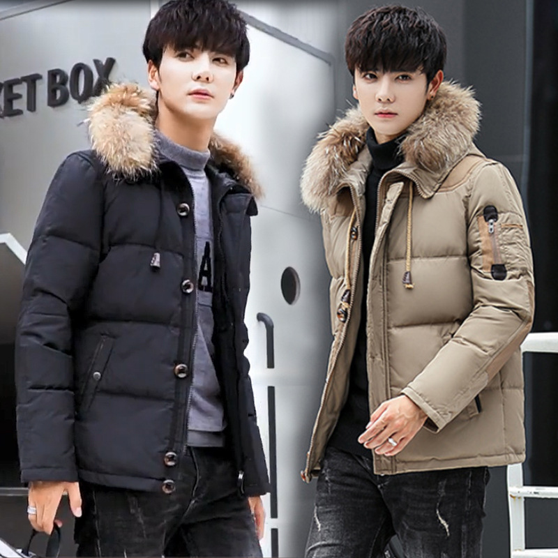Outdoor down Jacket Men&#039;s Short Thickened White Duck down Fur Collar Hood Youth Student Winter Coat Thermal Cold-Proof Clothing