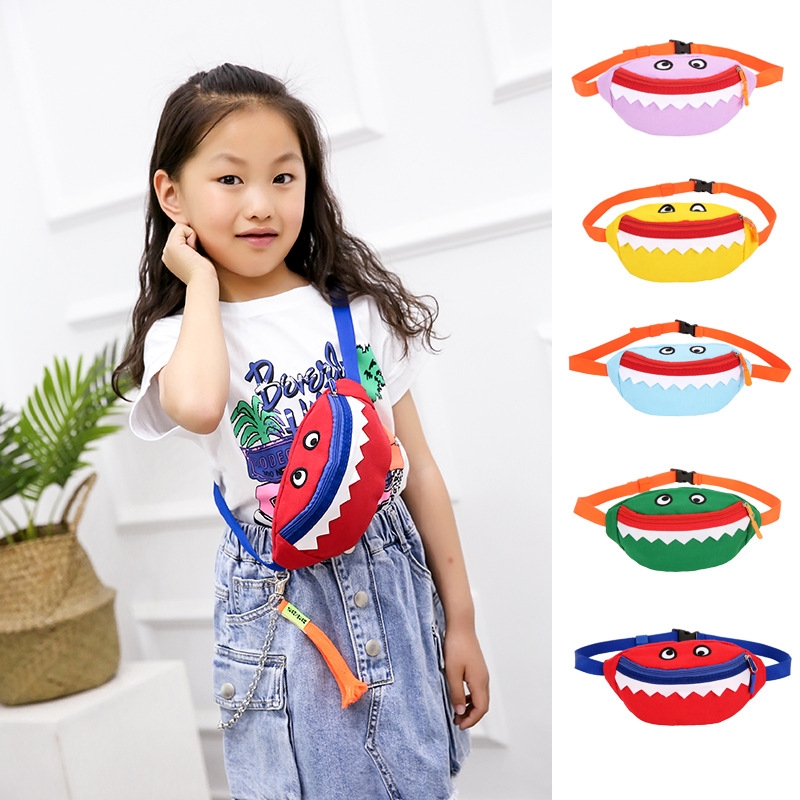 2021 Cartoon Korean Children&#039;s Chest Pack Canvas Embroidered Baby Crossbody Bag Shark Children&#039;s Smiley Waist Bag