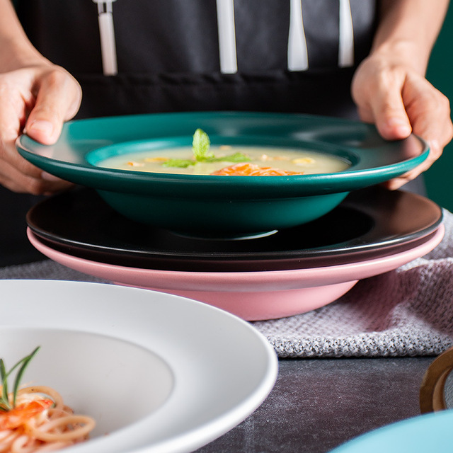 Nordic Glaze Ceramic Soup Plate Household 9-Inch Grass Cap Plate Underglaze Color Salad Bowl Macaron Soup Plate E-Commerce Wholesale