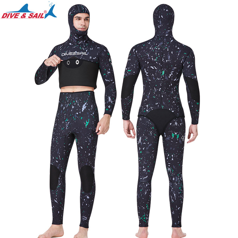 Dive &amp; Sail Diving Suit 5mm Fishing and Hunting Suit Men&#039;s Split Hooded Warm Snorkeling Surfing Camouflage Professional Diving Suit