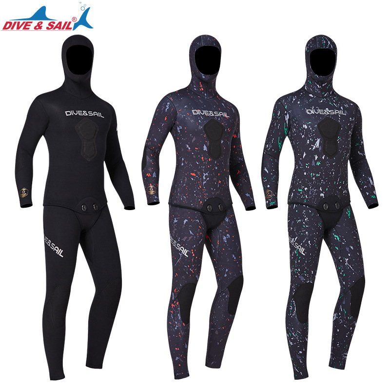 Dive &amp; Sail Diving Suit 5mm Fishing and Hunting Suit Men&#039;s Split Hooded Warm Snorkeling Surfing Camouflage Professional Diving Suit