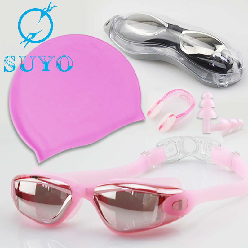 Swimming Goggles Set Adult Swimming Goggles Swimming Cap Waterproof Anti-Fog Silicone Swimming Goggles Electroplating HD Swimming Glasses Customizable