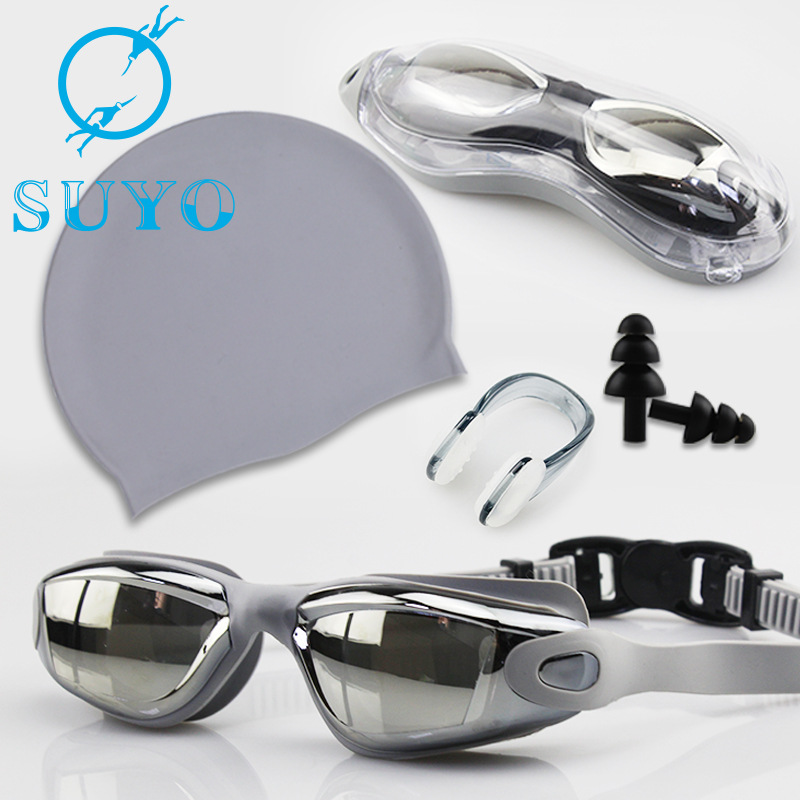 Swimming Goggles Set Adult Swimming Goggles Swimming Cap Waterproof Anti-Fog Silicone Swimming Goggles Electroplating HD Swimming Glasses Customizable