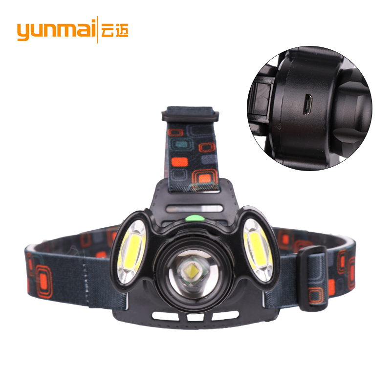 New T6+COB strong headlight USB charging three-light night fishing hunting headlight LED head-mounted flashlight
