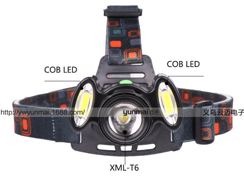 New T6+COB strong headlight USB charging three-light night fishing hunting headlight LED head-mounted flashlight