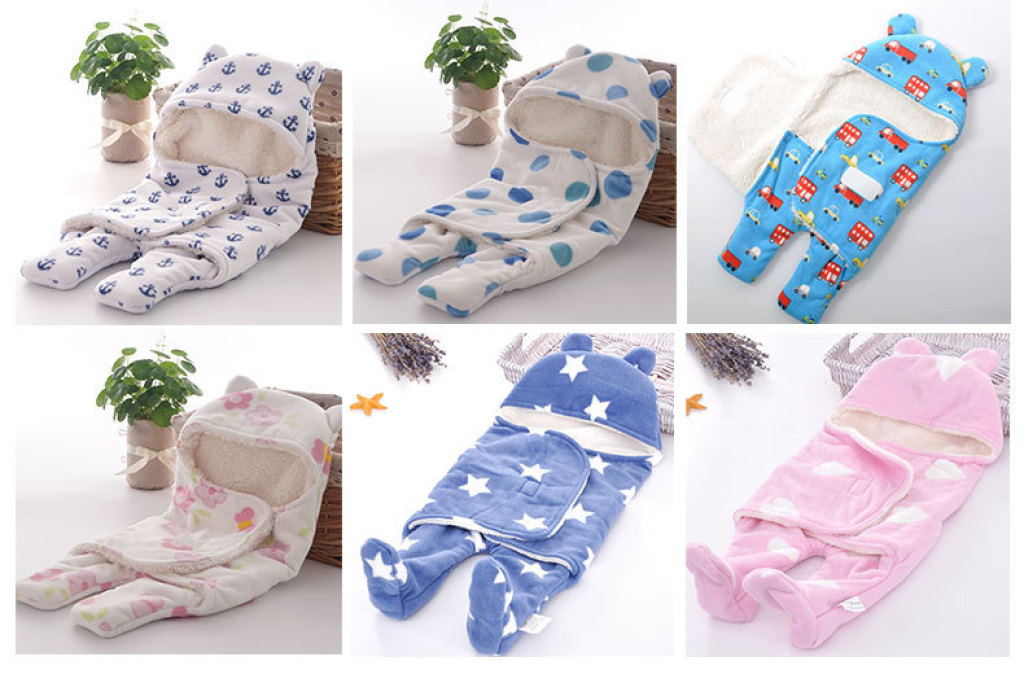 Newborn Swaddling Sleeping Bag Split Leg Baby Double-Layer Thickened Polar Fleece Comfortable Cotton Fleece Polyester Printed Plush 65*75