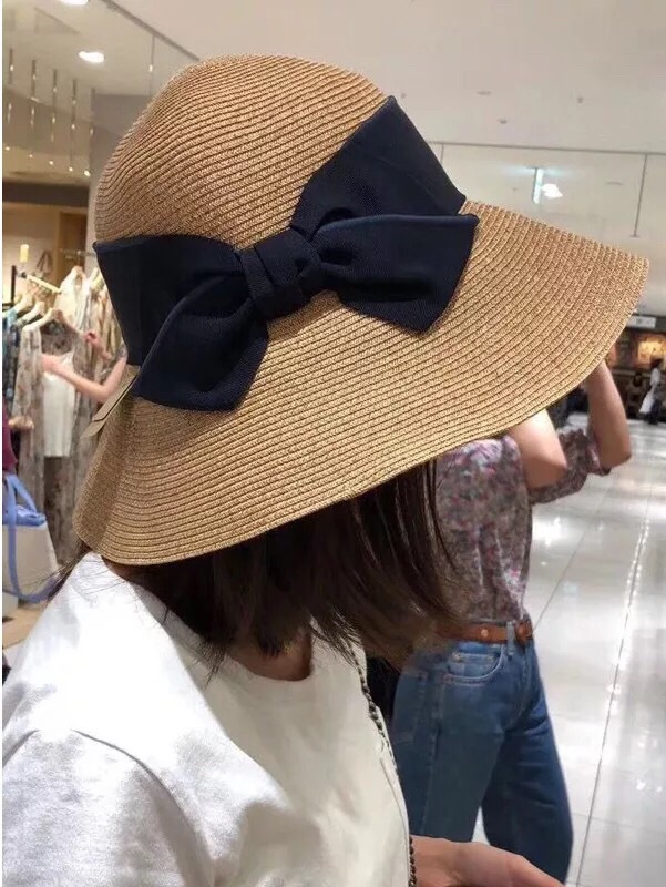 Sun Li Same Product Sun-Proof UV Japanese Paper Straw Hat Spring and Summer Foldable Bow Beach Bucket Hat Women Sun Li Same Product Sun-Proof UV Japanese Paper Straw Hat Spring and Summer Foldable Bow Beach Bucket Hat Women