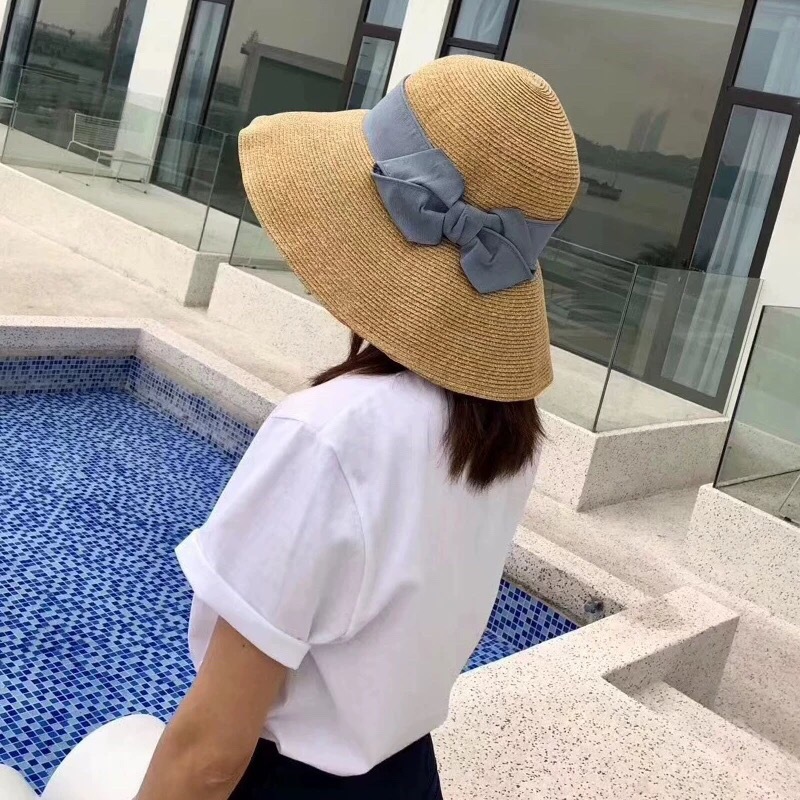 Sun Li Same Product Sun-Proof UV Japanese Paper Straw Hat Spring and Summer Foldable Bow Beach Bucket Hat Women Sun Li Same Product Sun-Proof UV Japanese Paper Straw Hat Spring and Summer Foldable Bow Beach Bucket Hat Women